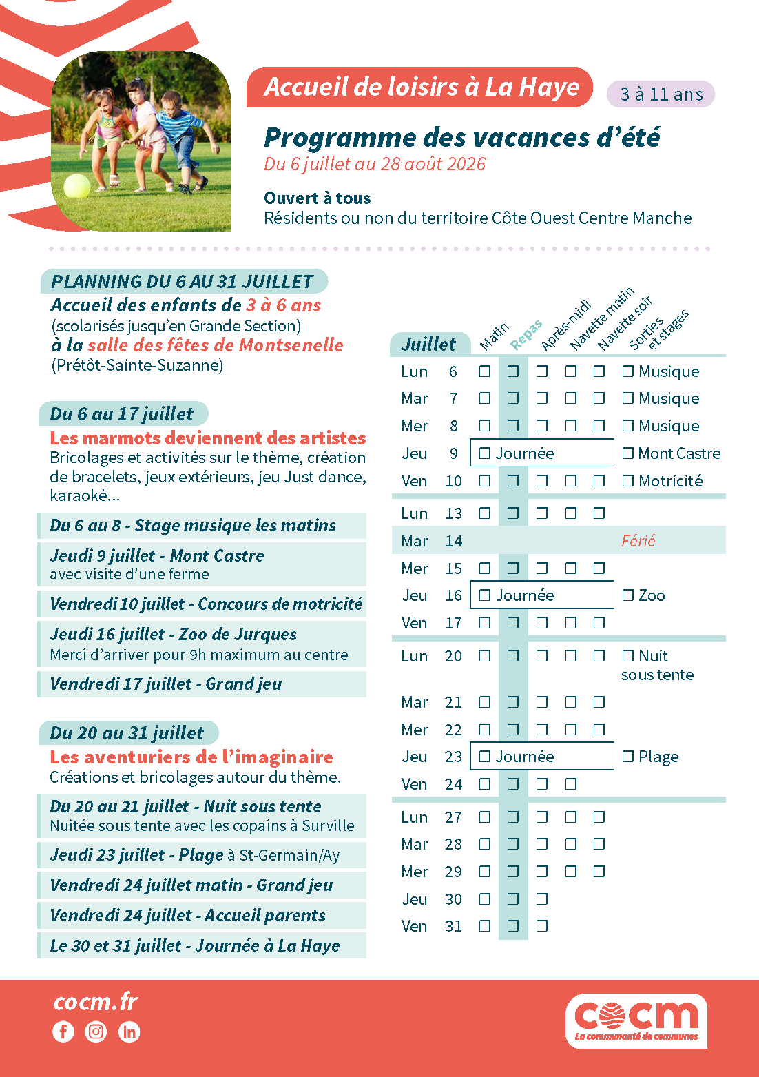 Programme des vacances scolaires à l'accueil de loisirs de La Haye COCM